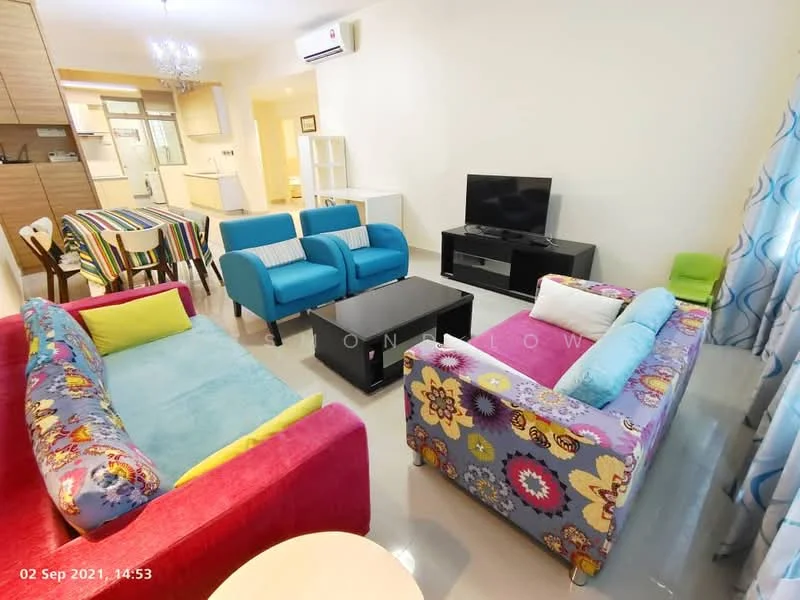 Living features: 3-seater fabric sofa in pink, 3-seater fabric sofa in blue, 2-seater fabric sofa with floral pattern, black coffee table, wall-mounted TV, ceiling-mounted air conditioning unit, chandelier, curtains with floral pattern, grey tiled flooring, decorative wall art, green accent chair; style: modern. Room features: open layout to kitchen, dining area visible in background.