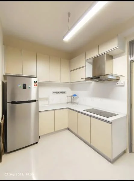 Kitchen features: cream flat-panel cabinets, stainless-steel fridge, built-in oven, 4-burner gas hob, stainless-steel range hood, white countertop, white tiled backsplash, single-bowl stainless-steel sink, wall-mounted kitchen faucet, under-cabinet lighting, neutral tile flooring, open shelving; style: modern.