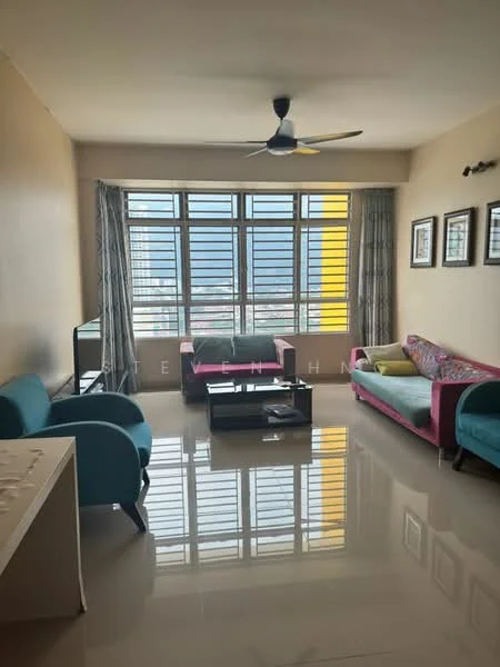 Living features: light blue fabric sofa, pink fabric sofa, black coffee table, TV console, floor-to-ceiling windows, curtains, polished tile flooring, ceiling fan with light; style: modern; view: city.