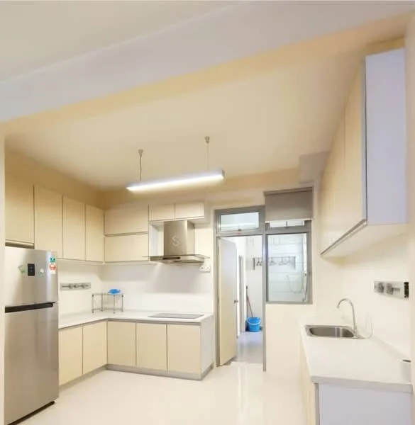 Kitchen features: light beige cabinetry, stainless-steel fridge, built-in oven, stainless-steel range hood, single-bowl stainless-steel sink, chrome pull-down faucet, white countertop, ceramic tile flooring, recessed LED downlights, wall-mounted cabinets, open shelving, window with view to utility area; style: modern.