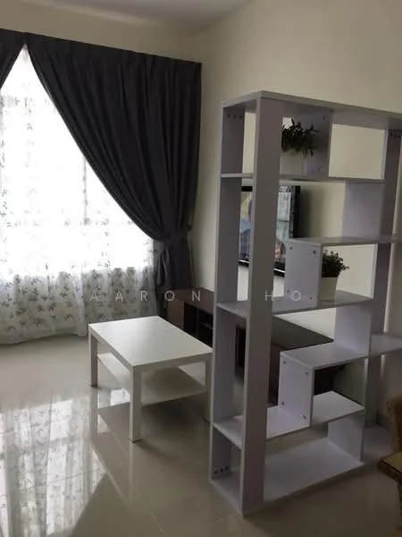 Living features: light grey walls, white tiled flooring, large window with sheer curtains, dark grey curtains, white coffee table, white open shelving unit, brown TV console, wall-mounted TV, decorative plants on shelving unit; style: modern.