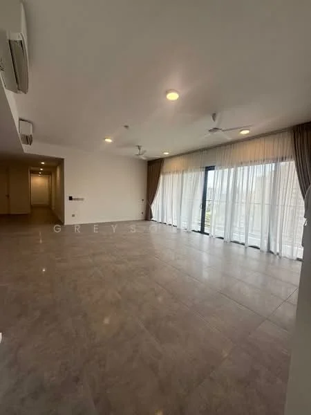 Living features: large floor-to-ceiling windows, sliding glass door, white sheer curtains, grey tiled flooring, recessed downlights, 2 ceiling fans, neutral wall colour, open layout, balcony access, spacious area, no visible furniture; style: modern; view: city.
