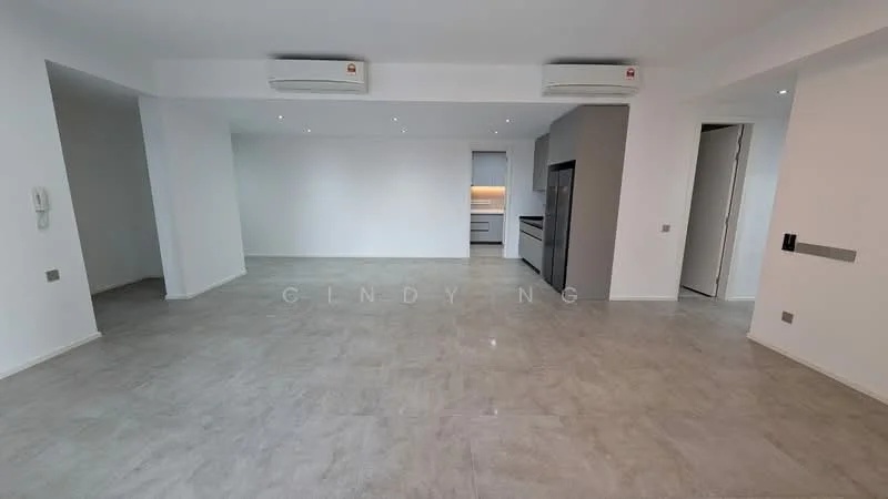 Living features: light grey tiled flooring, white painted walls, recessed downlights, 2 wall-mounted split AC units, open layout, large windows, neutral color scheme, no visible furniture; style: modern. Kitchen features: kitchen cabinetry, stainless-steel fridge, built-in oven, countertop with backsplash, open to living area; style: modern.