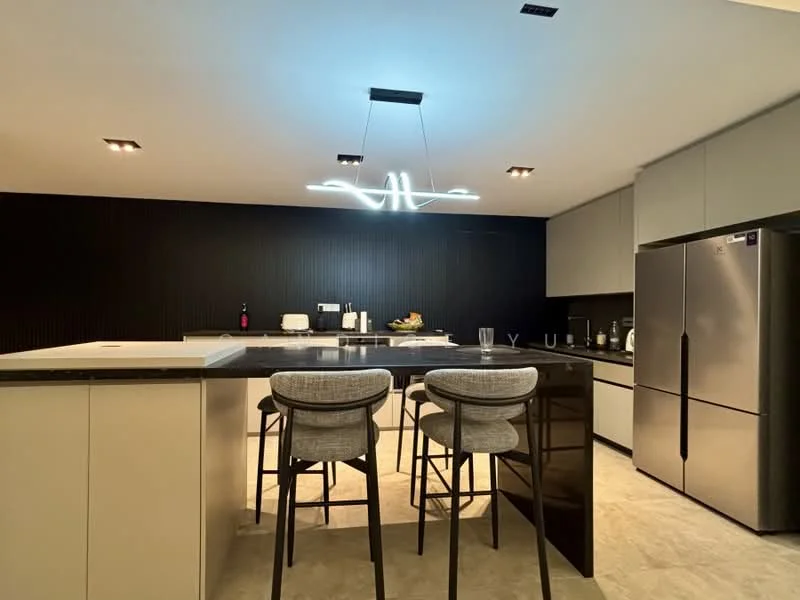Kitchen features: black accent wall, white cabinetry, grey stone countertop, island with seating, stainless-steel fridge, built-in oven, freestanding range oven, pendant light fixture, recessed downlights, bar stools, ceramic tile flooring; style: modern.