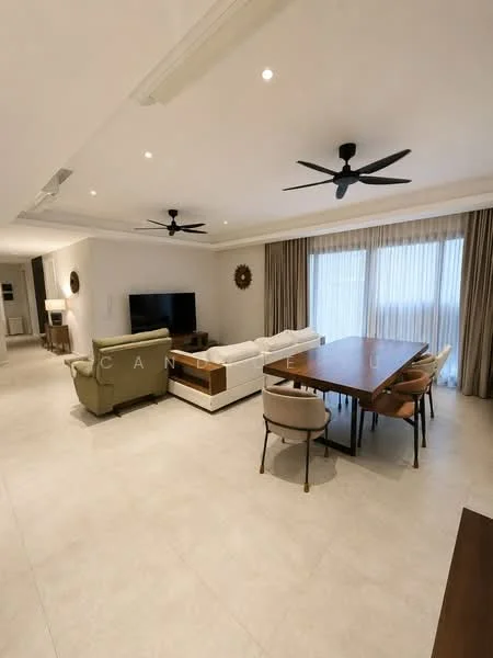 Living features: large sectional sofa in white, wood coffee table, TV console with wall-mounted TV, 2 ceiling fans, recessed downlights, floor-to-ceiling windows with sheer curtains, light-colored tiled flooring, decorative wall mirror, dining table with 6 upholstered chairs; style: modern.