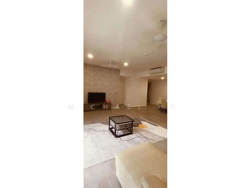 Living features: light grey walls, exposed concrete ceiling, recessed downlights, 5-blade ceiling fan, wall-mounted TV, light-coloured sofa, coffee table, area rug, tile flooring, air conditioning unit; style: modern.