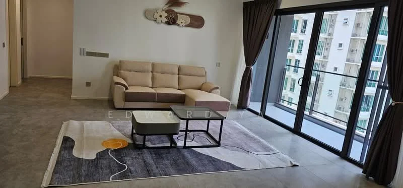 Living features: 3-seater fabric sofa in beige, coffee table, area rug with abstract pattern, floor-to-ceiling windows, sliding glass door, curtains, light grey walls, tile flooring, decorative wall art; style: modern; view: city.