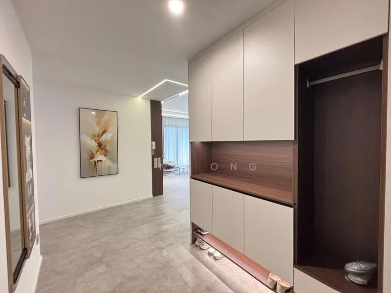 Room features: light grey tiled flooring, white painted walls, built-in cabinetry with wood accents, wall-mounted coat rack, framed artwork on wall, recessed ceiling lights, sliding glass door leading to another room, large window with sheer curtains; style: modern.