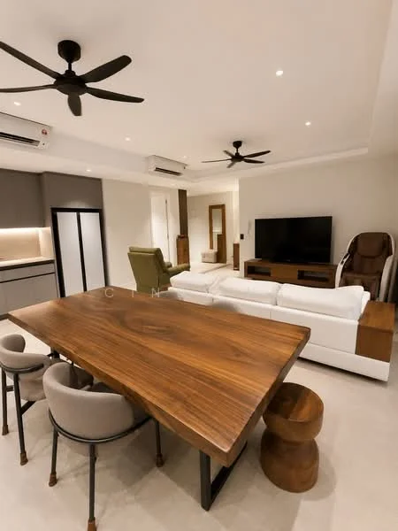 Living features: 3-seater fabric sofa in white, wooden coffee table, wall-mounted TV, TV console in wood, 2 ceiling fans, recessed downlights, decorative mirror, armchair in green, area rug, open layout with dining area, neutral wall color, light-colored flooring; style: modern. Dining features: large wooden dining table, 4 upholstered dining chairs, decorative stool, open layout with living area, neutral wall color, light-colored flooring; style: modern. Kitchen features: grey cabinetry, countertop with under-cabinet lighting, built-in appliances, open layout with dining area, neutral wall color, light-colored flooring; style: modern.