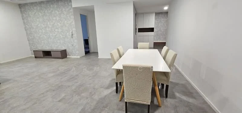 Dining features: white dining table, 6 upholstered dining chairs, light grey patterned wallpaper, grey tile flooring, wall-mounted storage cabinet, open space layout, neutral wall color, natural light from adjacent room; style: modern. Room features: white walls, grey tile flooring, open space layout.