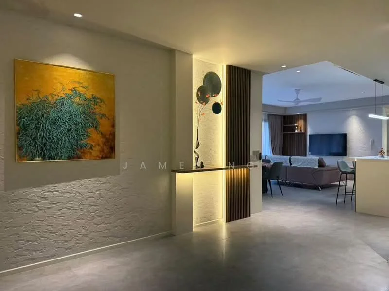Room features: textured white walls, recessed lighting, decorative wall art with a green and yellow theme, modern light fixture, grey tile flooring, open layout, ceiling fan, wall-mounted TV, sofa in living area visible in background, kitchen island with seating visible in background; style: modern; view: living area.