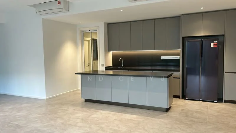 Kitchen features: grey cabinetry, black countertop, stainless-steel sink, chrome pull-down faucet, built-in oven, freestanding fridge, recessed downlights, wall-mounted split AC, tile flooring, open layout; style: modern.