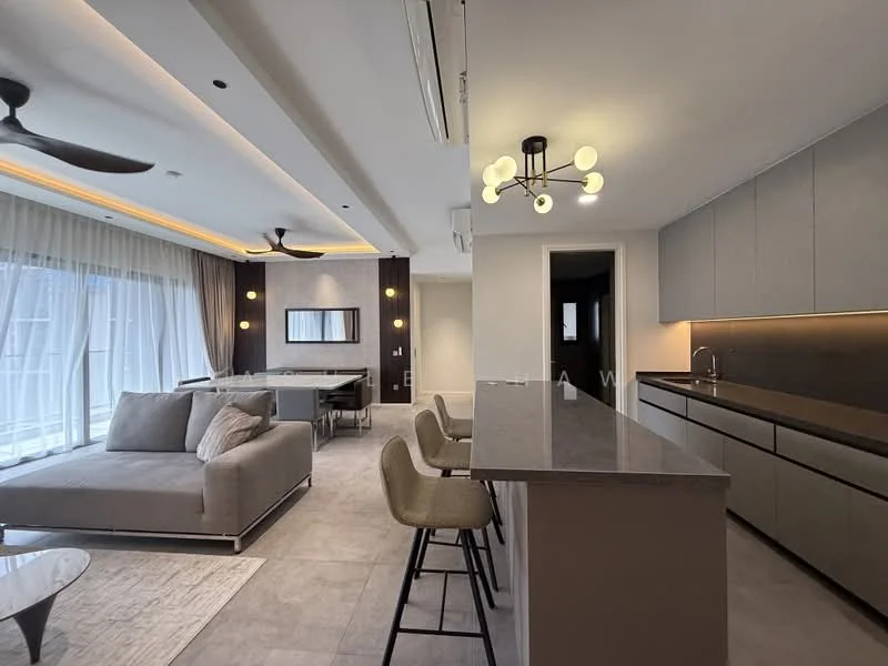 Living features: L-shape sectional sofa in light grey, coffee table with round top, area rug with geometric pattern, floor-to-ceiling windows with sheer curtains, 5-blade ceiling fan with light, recessed downlights, wall-mounted TV, dining table for 4, bar stools at kitchen island, kitchen island with grey countertop, built-in cabinetry with flat-panel doors, open-plan layout connecting living and dining areas; style: modern; view: city.