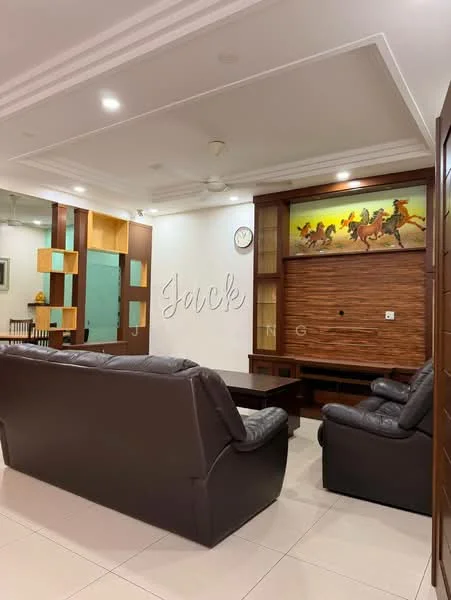 Living features: leather sofa in dark brown, 2-seater leather sofa, coffee table, wall-mounted clock, wooden feature wall with artwork, recessed ceiling lights, white painted walls, tile flooring, ceiling fan, built-in shelving unit; style: modern.
