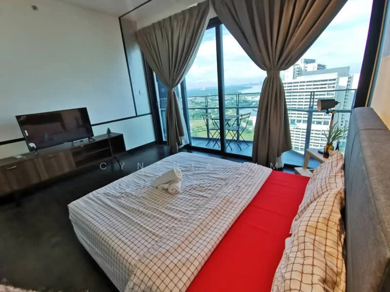 Bedroom features: king-size bed with grey upholstered headboard, white bedding with red accent blanket, floor-to-ceiling windows, city view, curtains in light grey, wall-mounted TV, wooden TV console, dark flooring, decorative towels, decorative pillows; style: modern; view: city.