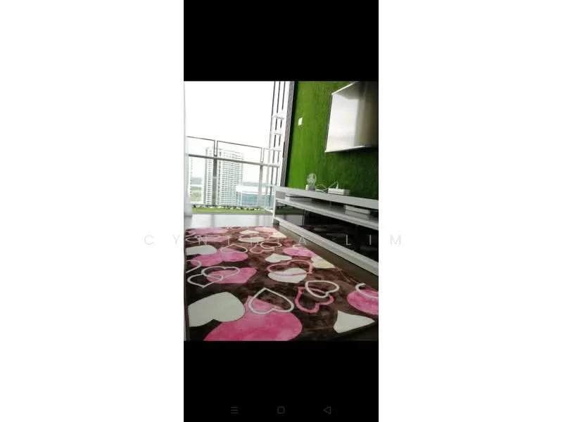 Living features: area rug with heart pattern, wooden flooring, green accent wall with artificial grass, wall-mounted TV, TV console, floor-to-ceiling windows, city view; style: modern; view: city.
