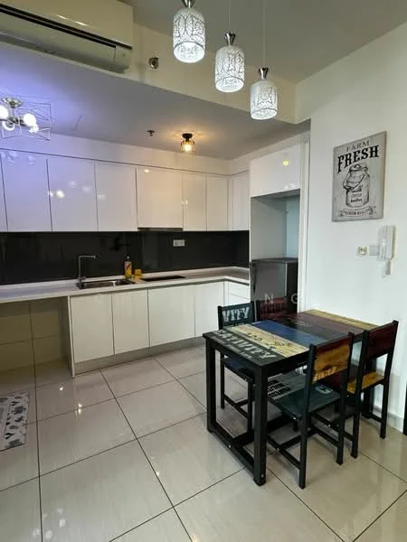 Kitchen features: white shaker cabinets, black countertop, single-bowl stainless-steel sink, chrome pull-down faucet, built-in oven, freestanding range oven, refrigerator, tile flooring, recessed downlights, 3-blade ceiling fan, dining table with four chairs, wall-mounted air conditioning unit, decorative wall art; style: modern.