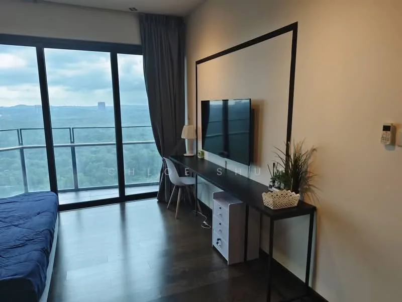 Room features: floor-to-ceiling windows, blackout curtains, wooden flooring, wall-mounted TV, console table, decorative plant, desk chair, bed with blue bedding, light fixture, mounting bracket for TV, view of city skyline; style: modern; view: city.