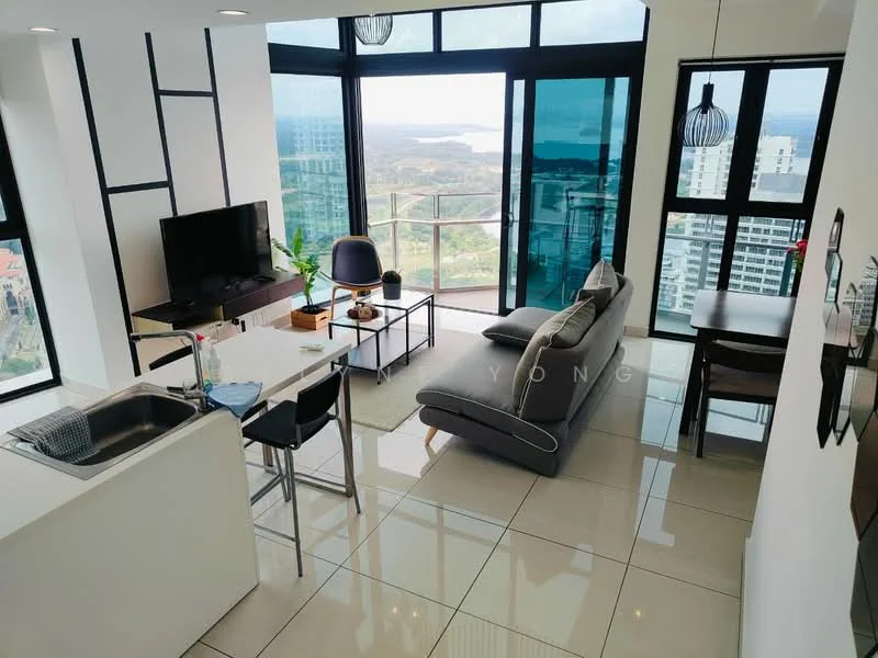 Living features: floor-to-ceiling windows, grey sectional sofa, glass coffee table, TV console, wall-mounted TV, pendant lighting, white walls, marble tile flooring, open-plan layout, city view, decorative wall art, indoor plants; style: modern; view: city. Kitchen features: white cabinetry, single-bowl stainless-steel sink, chrome pull-down faucet, kitchen island with seating, stainless-steel appliances, ceramic tile backsplash, open shelving; style: modern; view: city. Dining features: 4-seater dining table, black dining chairs, open-plan layout; style: modern; view: city.