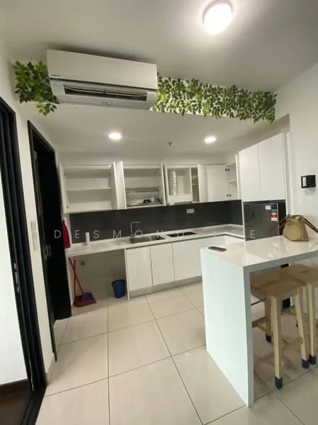 Kitchen features: white cabinetry, grey countertop, stainless-steel sink, chrome pull-down faucet, built-in stove, built-in oven, open shelving, tile backsplash, recessed LED downlights, wall-mounted split AC, floor tiles, greenery decor on wall; style: modern.
