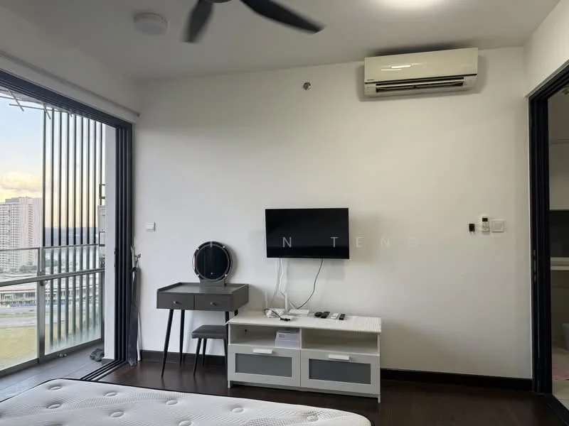 Room features: floor-to-ceiling windows, sliding glass door, wall-mounted TV, ceiling fan, wall-mounted air conditioning unit, dark wood flooring, white painted walls, grey console table, white storage unit, mirror on table; style: modern; view: city.