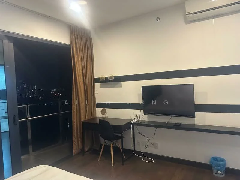 Room features: wood flooring, black accent wall, white walls, floor-to-ceiling sliding glass door, curtains, wall-mounted TV, floating desk, chair, air conditioning unit, decorative trash bin; style: modern; view: city.