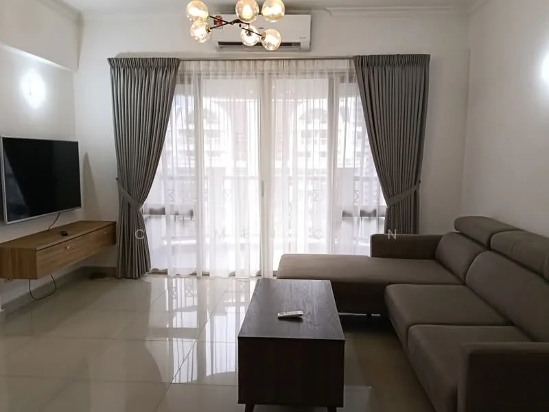 Living features: L-shape sectional sofa in grey, wooden coffee table, wall-mounted TV, TV console with storage, floor-to-ceiling windows, sheer curtains, recessed downlights, air conditioning unit, glossy tile flooring, decorative ceiling light fixture; style: modern.