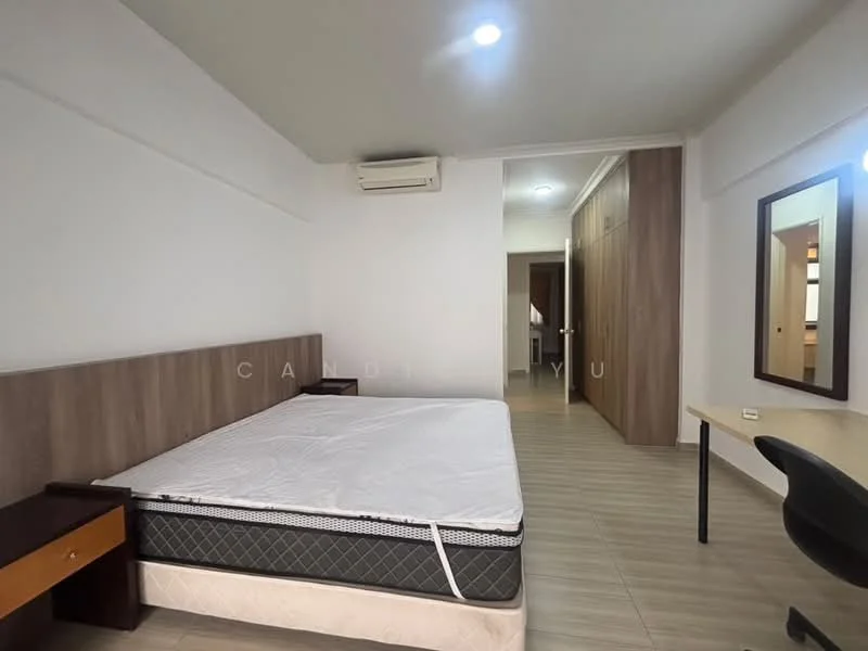 Bedroom features: queen-size bed, wooden headboard, laminate flooring, white painted walls, ceiling light, wall-mounted split AC, built-in wardrobe, study desk, black office chair, full-length mirror; style: modern.