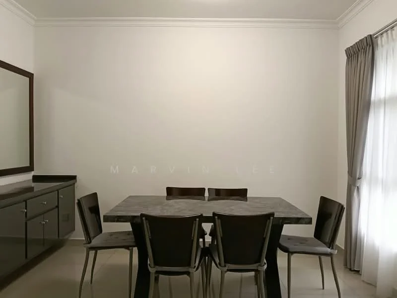 Dining features: rectangular dining table with marble top, 6 upholstered dining chairs, dark wood sideboard, large wall mirror, white painted walls, grey curtains, tile flooring, crown moulding; style: modern.