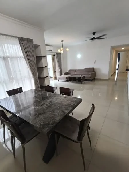 Dining features: marble dining table, 4 dining chairs, grey curtains, floor-to-ceiling windows, tile flooring, ceiling fan with light, open layout to living area, neutral wall color; style: modern. Living features: L-shape sectional sofa in beige, coffee table, TV console, tile flooring, floor-to-ceiling windows, neutral wall color, ceiling fan with light; style: modern.