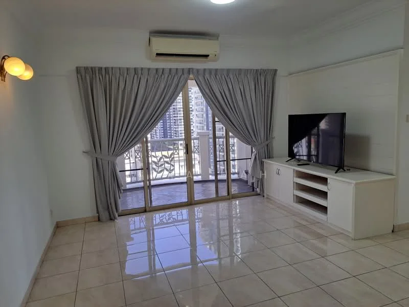 Living features: glossy tile flooring, white painted walls, dropped ceiling with light, floor-to-ceiling sliding glass door, curtains in grey fabric, wall-mounted TV, white TV console, 1 wall-mounted split AC; style: modern; view: city.