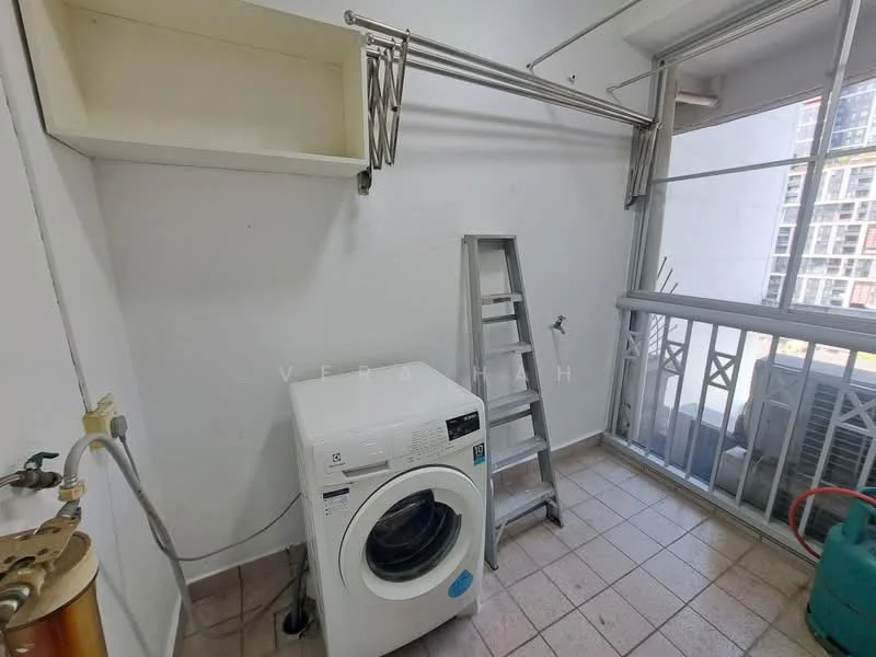 Laundry features: front-load washing machine, metal drying rack, shelving above washer, tiled flooring, window with sliding glass door, ladder, exposed plumbing, ventilation unit.