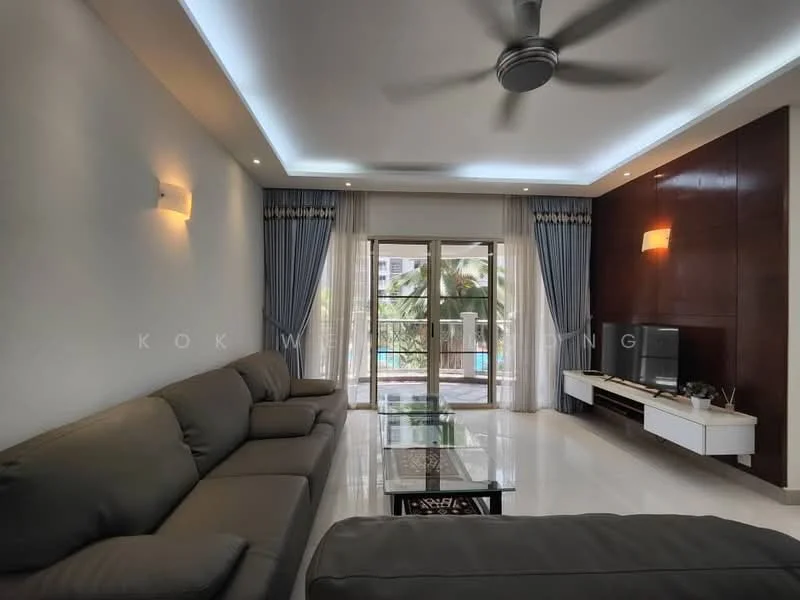 Living features: 3-seater fabric sofa in grey, glass coffee table, wall-mounted TV, TV console, ceiling fan with integrated LED light, recessed lighting, floor-to-ceiling sliding glass doors, curtains in blue, white painted walls, polished tile flooring, wood panel accent wall, view of swimming pool; style: modern; view: pool.