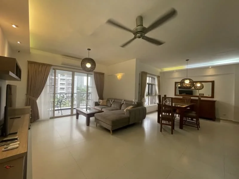 Living features: 3-seater fabric sofa in grey, coffee table, TV console, wall-mounted TV, dining table with 6 chairs, ceiling fan, recessed downlights, floor-to-ceiling windows, curtains, light-colored tiled flooring, decorative pendant lights; style: modern; view: garden.