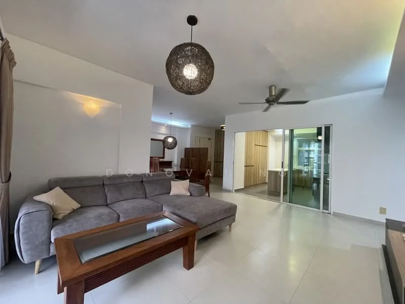 Living features: 3-seater fabric sofa in grey, wooden coffee table, ceiling fan, recessed downlights, floor-to-ceiling sliding glass door, light-colored tiled flooring, decorative wall sconce, neutral painted walls; style: modern. Room features: open kitchen area visible in background, wood cabinetry, light wood paneling.