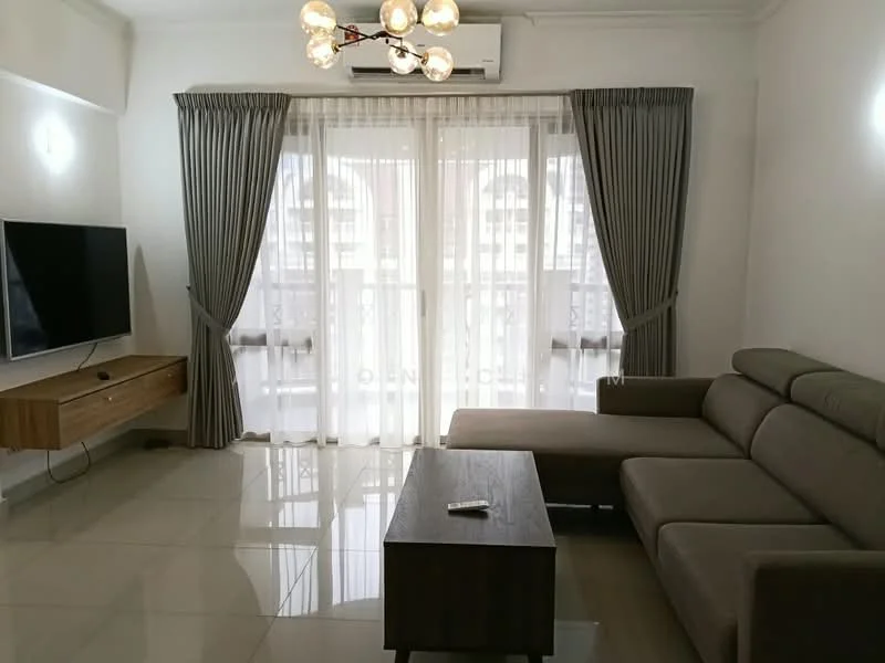 Living features: L-shape sectional sofa in grey, wooden coffee table, wall-mounted TV, TV console with wooden finish, floor-to-ceiling windows, sheer curtains, recessed downlights, wall-mounted split AC, glossy tile flooring, decorative ceiling light fixture; style: modern.