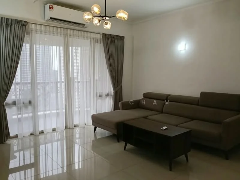 Living features: L-shape sectional sofa in beige, coffee table, floor-to-ceiling windows, sheer curtains, wall-mounted light fixture, 1 wall-mounted split AC, polished tile flooring, decorative ceiling light with multiple bulbs; style: modern; view: city.