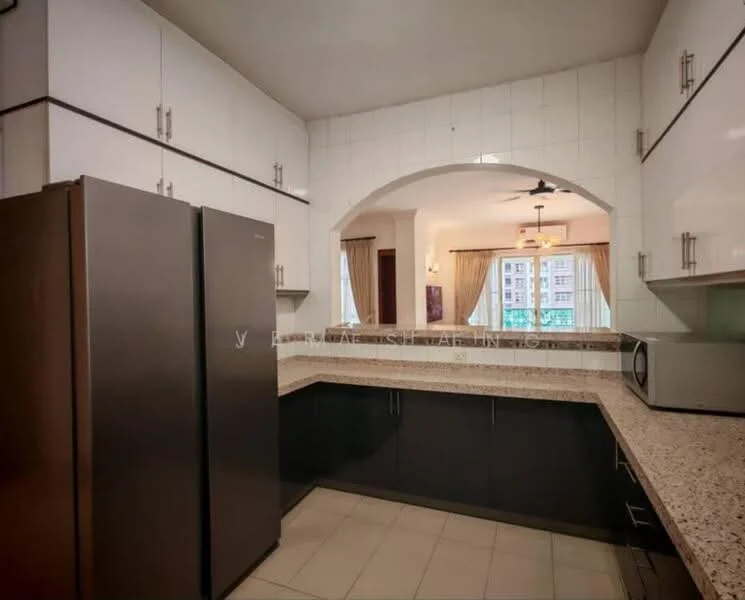 Kitchen features: granite countertop, white upper cabinets, dark lower cabinets, stainless-steel fridge, built-in microwave, ceramic tile flooring, recessed downlights, archway opening to living area, window with curtains, kitchen sink, kitchen backsplash, kitchen island, open layout; style: modern.