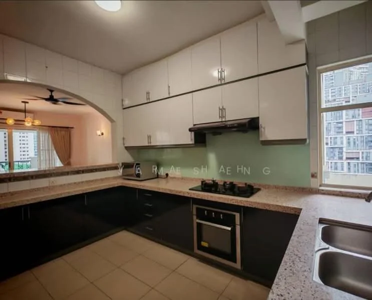 Kitchen features: black cabinetry with flat-panel doors, white upper cabinets with glass fronts, light-colored granite countertop, stainless-steel sink, double-bowl stainless-steel sink, chrome pull-down faucet, built-in oven, 4-burner gas hob, exhaust hood, tile backsplash in green, recessed downlights, floor-to-ceiling windows, window treatments with sheer curtains, ceramic tile flooring; style: modern; view: city.
