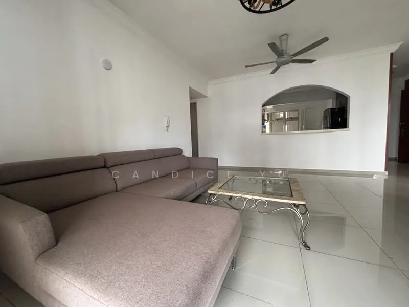 Living features: L-shape sectional sofa in light grey, glass coffee table with metal frame, white painted walls, polished ceramic tile flooring, ceiling fan with light, arched entryway to kitchen, recessed lighting, floor-to-ceiling windows; style: modern.