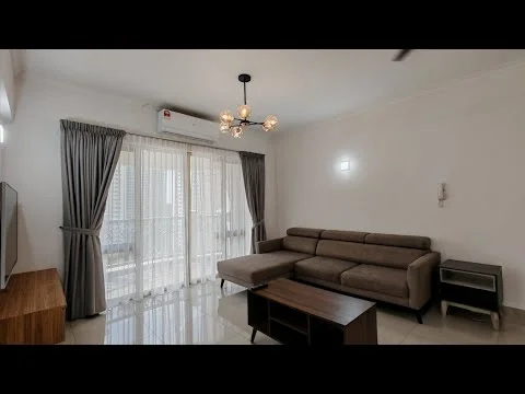 Living features: 3-seater fabric sofa in grey, wooden coffee table, TV console, wall-mounted TV, floor-to-ceiling windows, sheer curtains, recessed downlights, ceiling fan, air conditioning unit, light fixture with multiple bulbs, glossy tile flooring, decorative wall panel; style: modern; view: city.