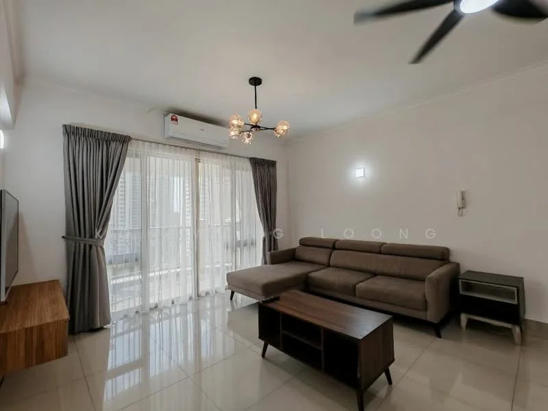 Living features: 3-seater fabric sofa in grey, wooden coffee table, TV console, wall-mounted TV, floor-to-ceiling windows, sheer curtains, recessed LED downlights, 5-blade ceiling fan, cream painted walls, glossy tile flooring, balcony access, decorative light fixture; style: modern; view: city.