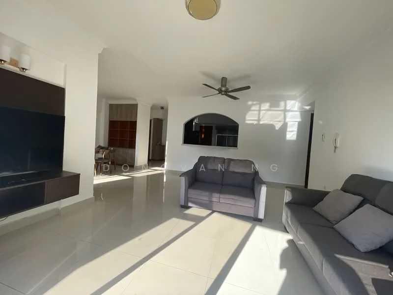Living features: grey fabric 3-seater sofa, 2-seater fabric sofa in light grey, wall-mounted TV, TV console with storage, ceiling fan with light, large windows allowing natural light, white painted walls, glossy tile flooring, recessed lighting, open layout, neutral color palette; style: modern.
