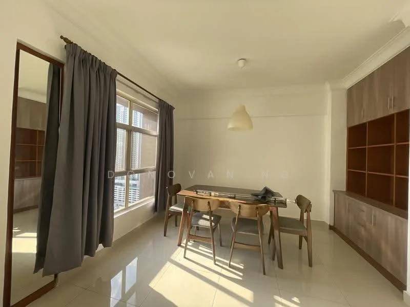 Dining features: rectangular wooden dining table, four wooden dining chairs, large floor-to-ceiling window, grey curtains, white painted walls, glossy tile flooring, hanging pendant light, built-in wooden shelving unit, mirror on wall; style: modern; view: city.