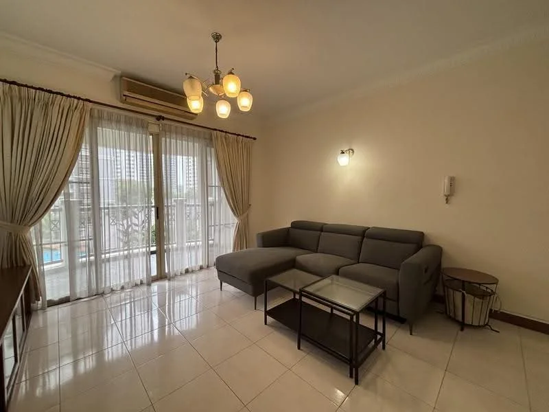 Living features: grey fabric sectional sofa, glass coffee table, cream painted walls, white tiled flooring, 5-blade ceiling fan with light, floor-to-ceiling windows, sheer curtains, balcony access, wall-mounted light fixture, decorative wall panel; style: modern; view: pool.