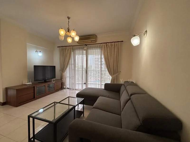 Living features: 3-seater fabric sofa in grey, glass coffee table, TV console with storage, wall-mounted TV, curtains, recessed downlights, ceiling light fixture, air conditioning unit, tiled flooring, neutral painted walls; style: modern.