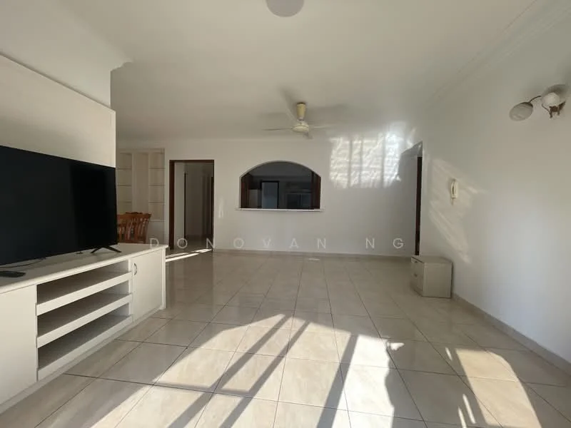 Living features: white painted walls, tile flooring, ceiling fan, large window with natural light, TV console, wall-mounted TV, open layout to kitchen, dining area visible in background; style: modern.