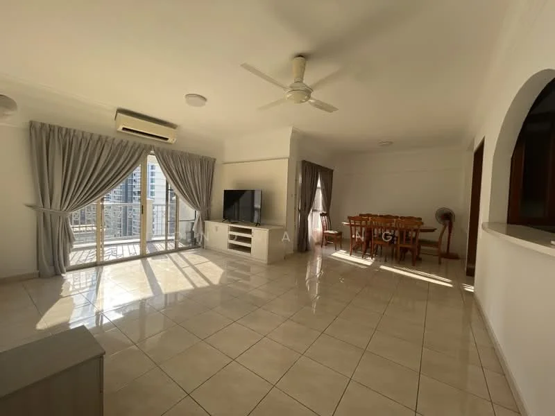 Living features: cream painted walls, white ceiling, 5-blade ceiling fan with light, floor-to-ceiling windows, sliding glass door, curtains, ceramic tile flooring, TV console, wall-mounted TV, dining table with chairs, area rug, decorative fan, natural light; style: modern; view: city.