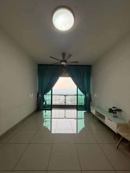 Living features: large floor-to-ceiling windows, sliding glass door, blue sheer curtains, white walls, polished ceramic tile flooring, 5-blade ceiling fan with light, minimalist white TV console, green armchair, balcony view, natural light; style: modern; view: city.