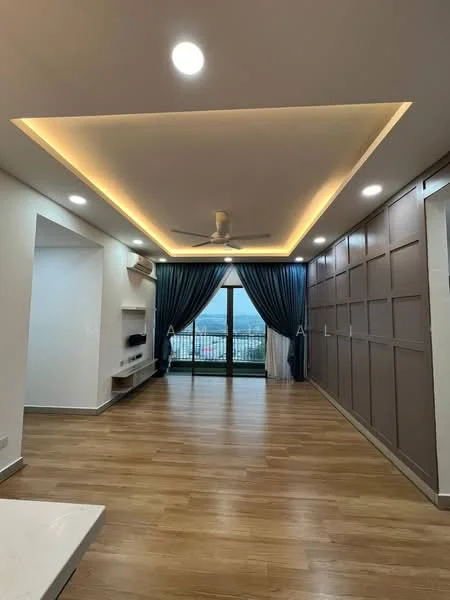 Living features: wooden flooring, white painted walls, accent wall with wood paneling, tray ceiling with recessed lighting, 5-blade ceiling fan with light, floor-to-ceiling windows, blue curtains, built-in shelving unit, air conditioning unit; style: modern; view: city.